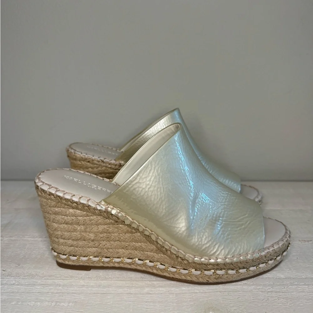 KARL LAGERFELD Paris Carina Slip On Open Toe Wedge Sandals Women’s 9.5 LIKE NEW - Picture 1 of 10